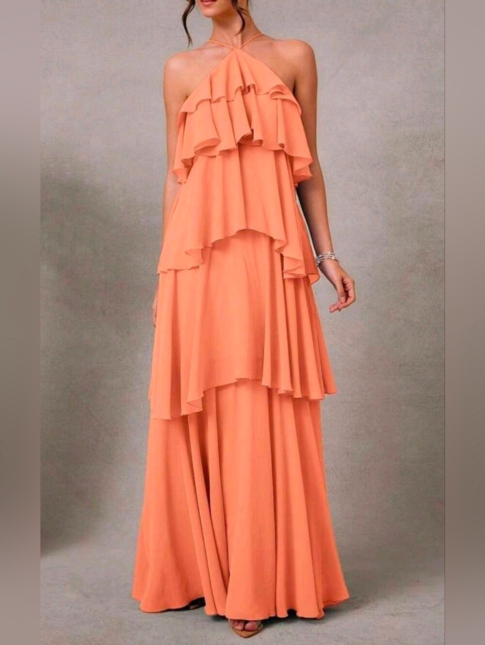 New Tiered Chiffon Ruffle Halter Maxi Dress Backless Coral Orange Peach - Picture 3 of 8